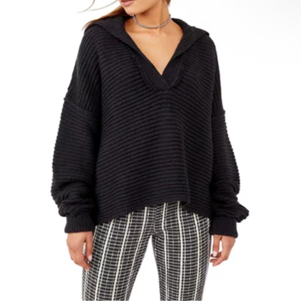 Free People Marlie Slouchy Oversized Ribbed Knit Womens Sweater SP Black